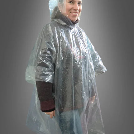 Clear disposable rain poncho with hood, loose fit, full-length coverage