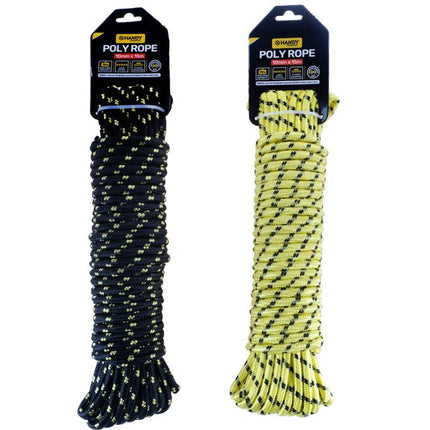 Diamond-braided poly rope on cards, dark navy and neon yellow with contrasting flecks
