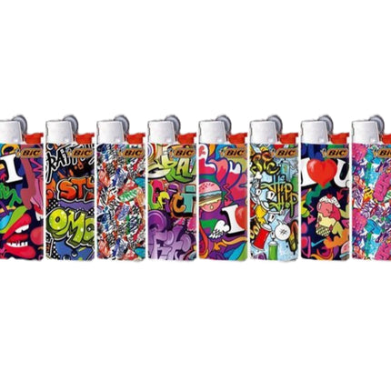BIC J26 50-pack display tray with row of abstract design lighters in bright colors