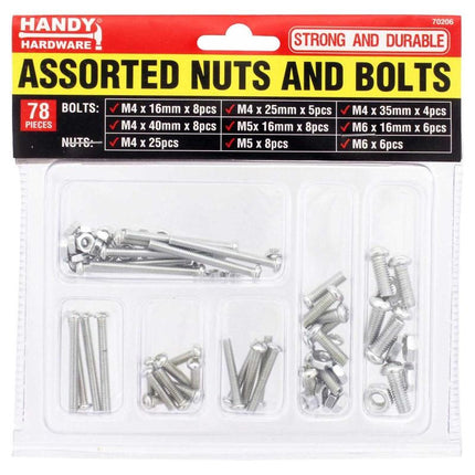 Assorted nuts and bolts set with mixed steel fasteners in a blister pack