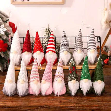 Set of Christmas gnome hanging ornaments with red, striped, and green hats