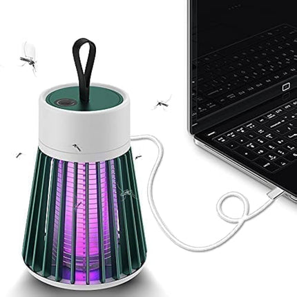 Rechargeable outdoor mosquito zapper with green base, loop handle and glowing UV light, USB cable
