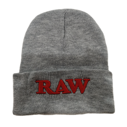 Gray adult beanie with red RAW logo on the front cuff