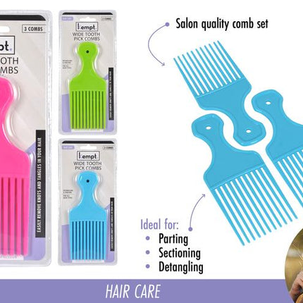Three wide-tooth hair combs in pink, green, and blue, long separation teeth.