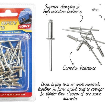 4mm open rivets set, 40 pieces shown with product diagram on package