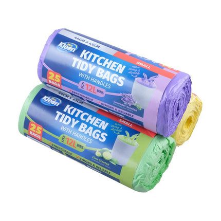 Kitchen tidy bin liner rolls, 12L packs in lavender, green, and yellow