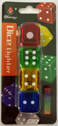 Dice jet lighter in retail blister pack, red and green dice top with blue base