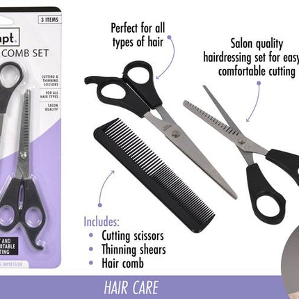 3-piece hairdressing scissors and comb set: black-handled cutting & thinning shears, comb