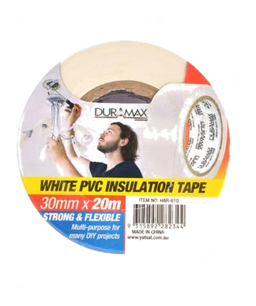 White PVC insulation tape roll on retail label, 30mm x 20m, strong flexible
