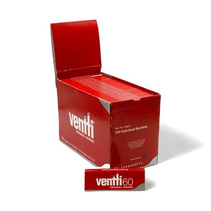 Red Ventti booklet box with lid open, showing stacked 100 individual papers