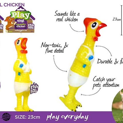 Vinyl chicken toy set showing two yellow standing chickens on retail card.