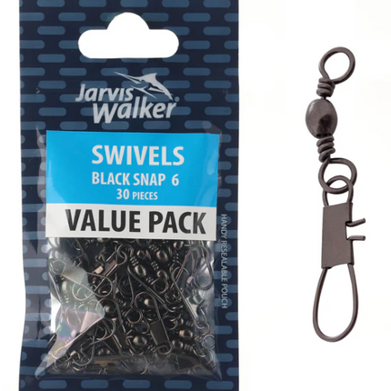 Black snap fishing swivels value pack, 30-piece bag with included metal swivel