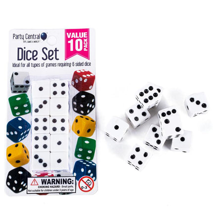 10-piece dice set in retail package, multicolor dice with black pips