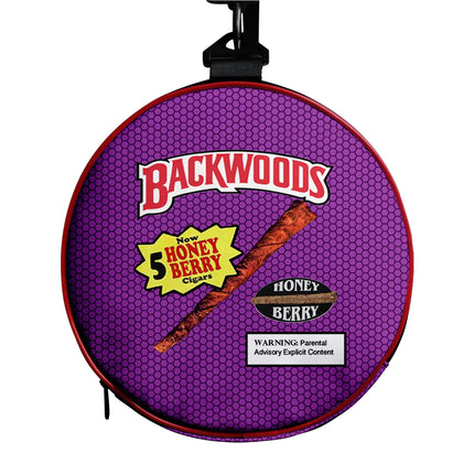 Purple round-end carry bag with Backwoods Honey Berry print and warning label
