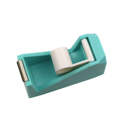 Teal tape dispenser with white tape roll and metal cutting edge