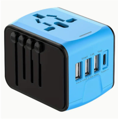Blue multi-travel power adapter with plug slots and multiple USB ports