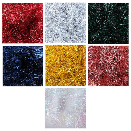 Metallic tinsel close-up swatches: red, silver, green, blue, gold, and white
