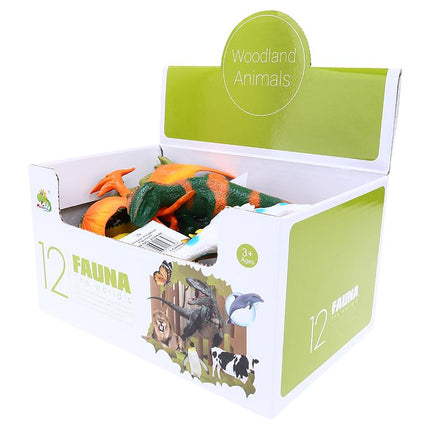 Assorted dinosaur figurines in retail box with open top and brand badge
