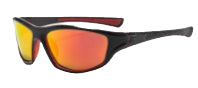 Men's sport sunglasses with orange-tinted lenses and black frame, side profile