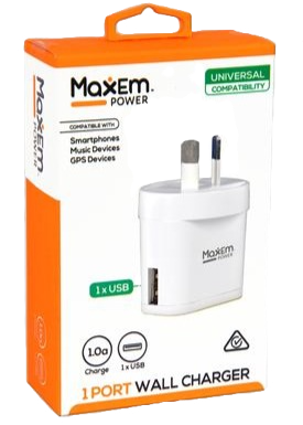 MaxEm 1-port USB wall charger with plug, white body and 1 USB port, universal compatibility.