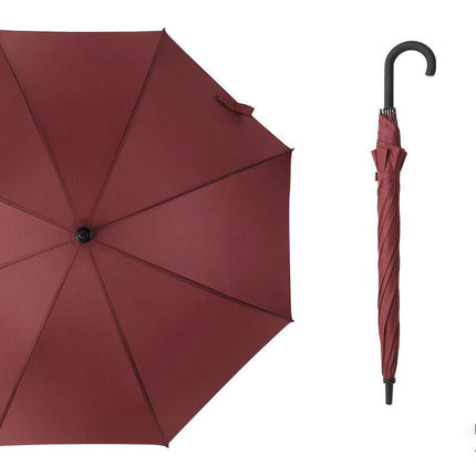 Burgundy large auto-open umbrella, open canopy with ribs and round center button