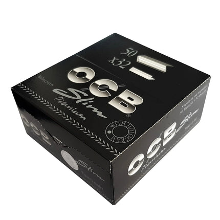 OCB Premium slim rolling papers without tips, king-size box, black design.