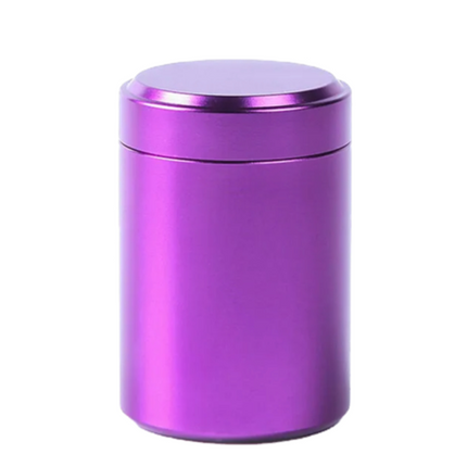 Purple zinc alloy metal storage jar with flat screw-top lid, D45mm x H68mm.