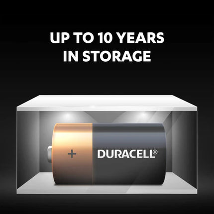 Duracell C alkaline battery shown inside a long-term storage display