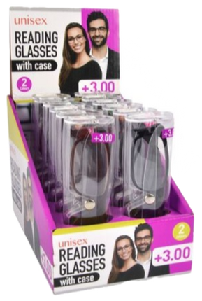 Unisex reading glasses set with cases, +3.00 magnification, 12-pack display