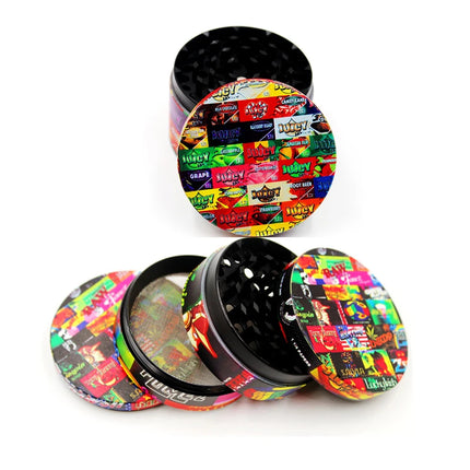 4-piece metal herb grinder set with stacked colorful lids and black perforated screens