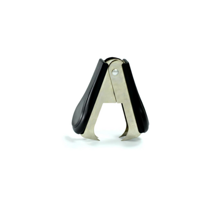 Staple remover with two black handles and silver metal jaws