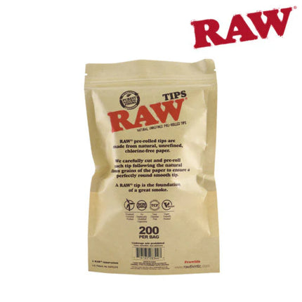 RAW pre-rolled tips pouch back with 200 per bag label, icons, and product info text