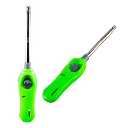 Green refillable gas BBQ lighter with metal nozzle and thumb ignition button.
