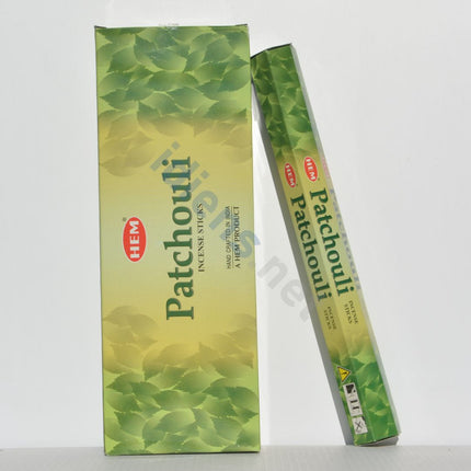 Patchouli hexagonal incense box with matching green stick pack, 120 count