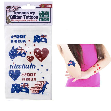 Temporary glitter tattoos sheet with blue and red Australian heart and map designs