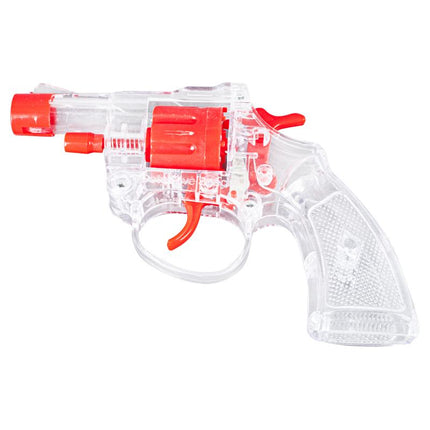 Toy cap gun with clear plastic body and red trigger, no packaging