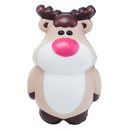 Brown-and-white reindeer Christmas squeeze memory foam toy, close-up