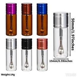 Multi-color glass spice canisters with black lids and stainless spoon, 30pc display set