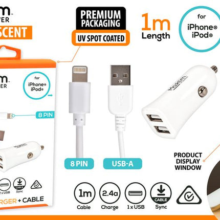 White dual USB car charger with 8-pin iPhone Lightning cable, 1m, dual USB ports