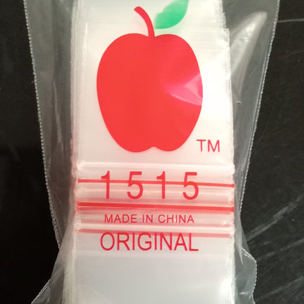 Clear small zip bag with red apple logo, zip closure; 38mm x 38mm