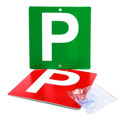 Reversible P plate sign set: green plate, red plate, clear suction-cup packet