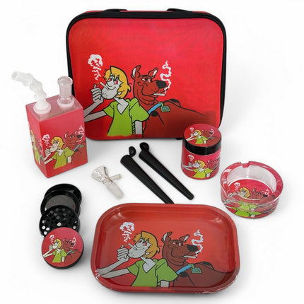 Red 7-piece waterpipe set in zippered case with cartoon graphics and tray