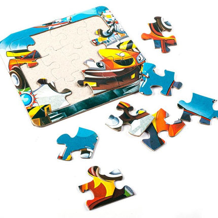Kids car jigsaw puzzle pieces, colorful rectangle pack with loose pieces on white