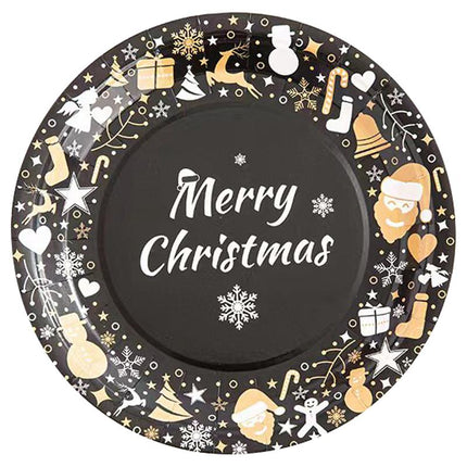 Black Christmas paper plate with “Merry Christmas” text, nutcrackers, hearts and stars