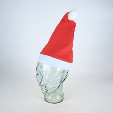 Red Santa hat with white band and single white pom-pom, pointed cone style