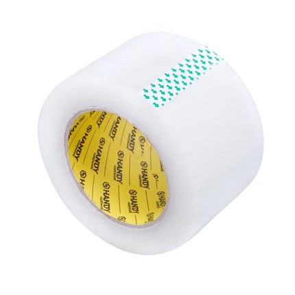Clear packaging tape roll close-up, 70mm width with perforated green strip