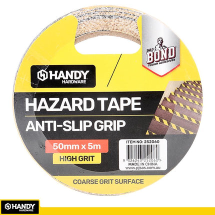 Anti-slip hazard tape roll with branding, 50mm x 5m, high grit coarse surface
