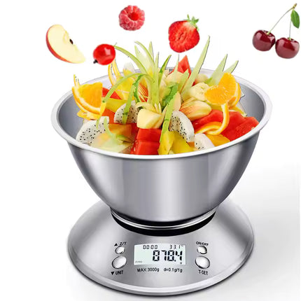 Digital bowl scale with stainless steel bowl and LCD display, set buttons visible
