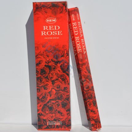 Red Rose tall incense box with incense stick shown beside it
