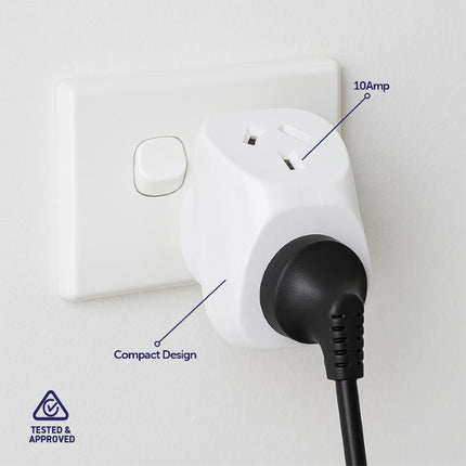 White double power adaptor plugged into wall with black cable, compact design